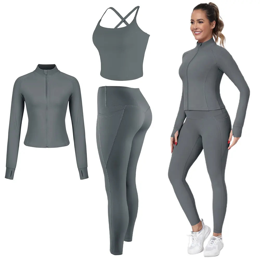 【FREE 3-DAY Shipping】2/3/4-Piece Workout Set S-2XL - Longline Sports Bra + Side Pockets Leggings/Shorts + Full Concealed Zip Jacket with Collar Shield – Women’S Yoga Outfit Activewear for Gym Running Training Lightweight Compression Sportswear
