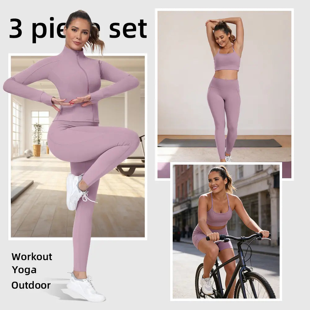 【FREE 3-DAY Shipping】2/3/4-Piece Workout Set S-2XL - Longline Sports Bra + Side Pockets Leggings/Shorts + Full Concealed Zip Jacket with Collar Shield – Women’S Yoga Outfit Activewear for Gym Running Training Lightweight Compression Sportswear