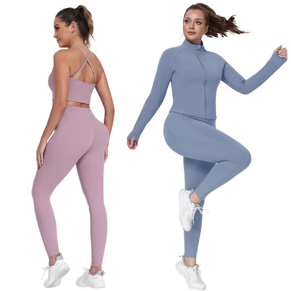 【FREE 3-DAY Shipping】2/3/4-Piece Workout Set S-2XL - Longline Sports Bra + Side Pockets Leggings/Shorts + Full Concealed Zip Jacket with Collar Shield – Women’S Yoga Outfit Activewear for Gym Running Training Lightweight Compression Sportswear