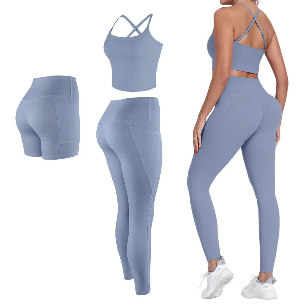 【FREE 3-DAY Shipping】2/3/4-Piece Workout Set S-2XL - Longline Sports Bra + Side Pockets Leggings/Shorts + Full Concealed Zip Jacket with Collar Shield – Women’S Yoga Outfit Activewear for Gym Running Training Lightweight Compression Sportswear