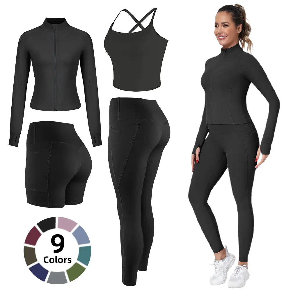 【FREE 3-DAY Shipping】2/3/4-Piece Workout Set S-2XL - Longline Sports Bra + Side Pockets Leggings/Shorts + Full Concealed Zip Jacket with Collar Shield – Women’S Yoga Outfit Activewear for Gym Running Training Lightweight Compression Sportswear