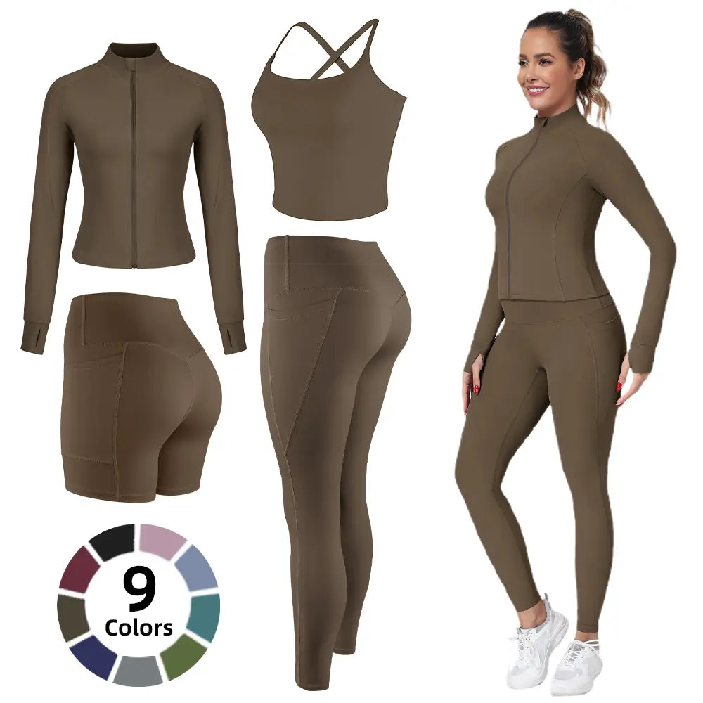 【FREE 3-DAY Shipping】2/3/4-Piece Workout Set S-2XL - Longline Sports Bra + Side Pockets Leggings/Shorts + Full Concealed Zip Jacket with Collar Shield – Women’S Yoga Outfit Activewear for Gym Running Training Lightweight Compression Sportswear