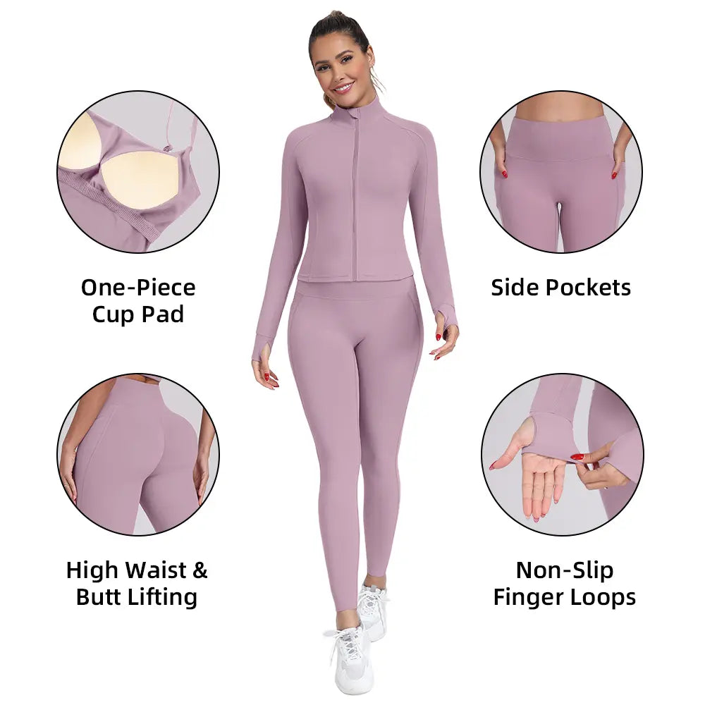 【FREE 3-DAY Shipping】2/3/4-Piece Workout Set S-2XL - Longline Sports Bra + Side Pockets Leggings/Shorts + Full Concealed Zip Jacket with Collar Shield – Women’S Yoga Outfit Activewear for Gym Running Training Lightweight Compression Sportswear