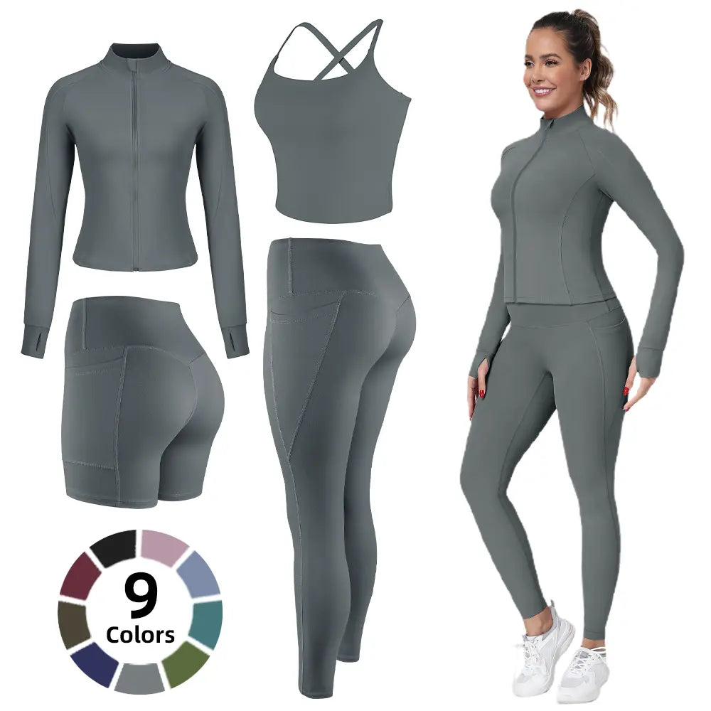 【FREE 3-DAY Shipping】2/3/4-Piece Workout Set S-2XL - Longline Sports Bra + Side Pockets Leggings/Shorts + Full Concealed Zip Jacket with Collar Shield – Women’S Yoga Outfit Activewear for Gym Running Training Lightweight Compression Sportswear