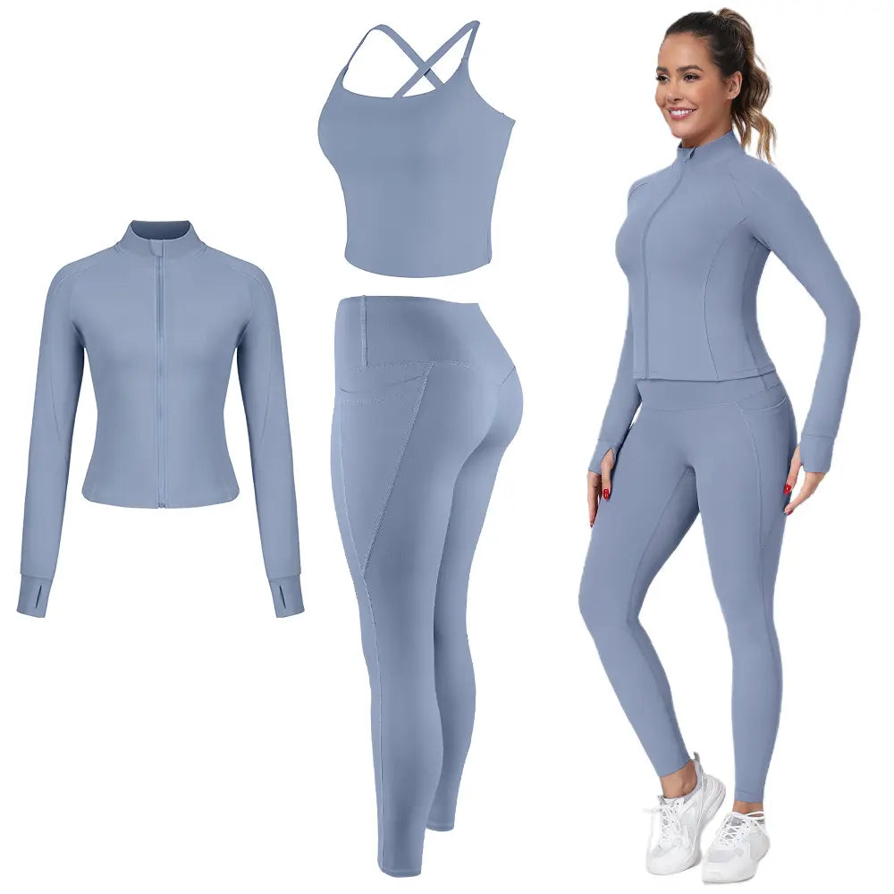 【FREE 3-DAY Shipping】2/3/4-Piece Workout Set S-2XL - Longline Sports Bra + Side Pockets Leggings/Shorts + Full Concealed Zip Jacket with Collar Shield – Women’S Yoga Outfit Activewear for Gym Running Training Lightweight Compression Sportswear