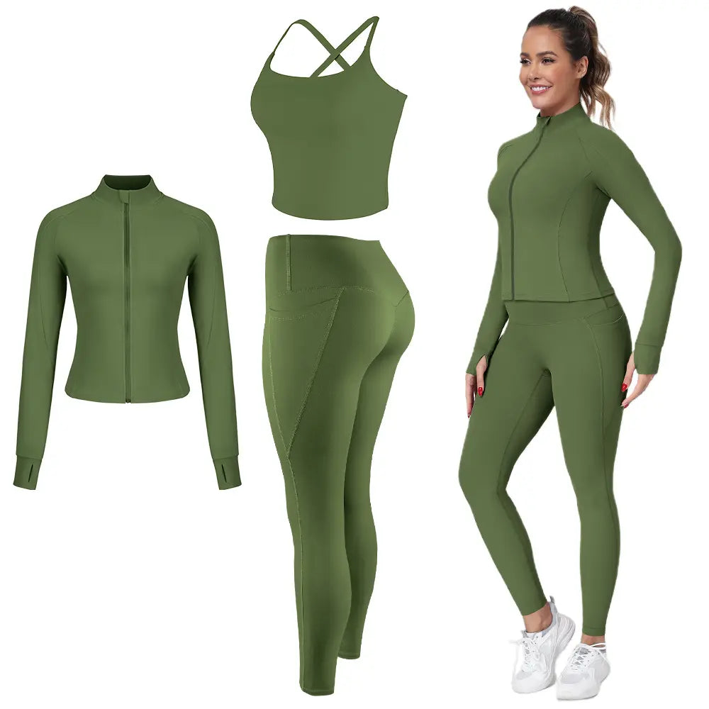 【FREE 3-DAY Shipping】2/3/4-Piece Workout Set S-2XL - Longline Sports Bra + Side Pockets Leggings/Shorts + Full Concealed Zip Jacket with Collar Shield – Women’S Yoga Outfit Activewear for Gym Running Training Lightweight Compression Sportswear