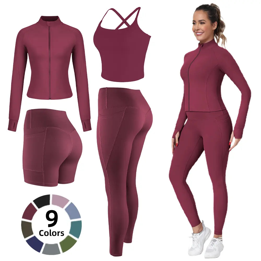 【FREE 3-DAY Shipping】2/3/4-Piece Workout Set S-2XL - Longline Sports Bra + Side Pockets Leggings/Shorts + Full Concealed Zip Jacket with Collar Shield – Women’S Yoga Outfit Activewear for Gym Running Training Lightweight Compression Sportswear