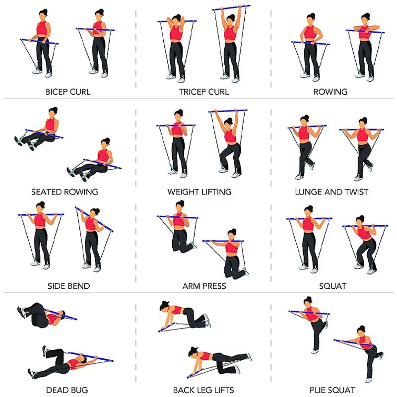 Multifunctional Pilates Bar with Yoga Chest Expansion Tension Rope Elastic Stretching Belt Fitness Back Trainer for Home Gym