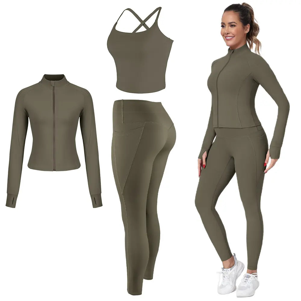 【FREE 3-DAY Shipping】2/3/4-Piece Workout Set S-2XL - Longline Sports Bra + Side Pockets Leggings/Shorts + Full Concealed Zip Jacket with Collar Shield – Women’S Yoga Outfit Activewear for Gym Running Training Lightweight Compression Sportswear