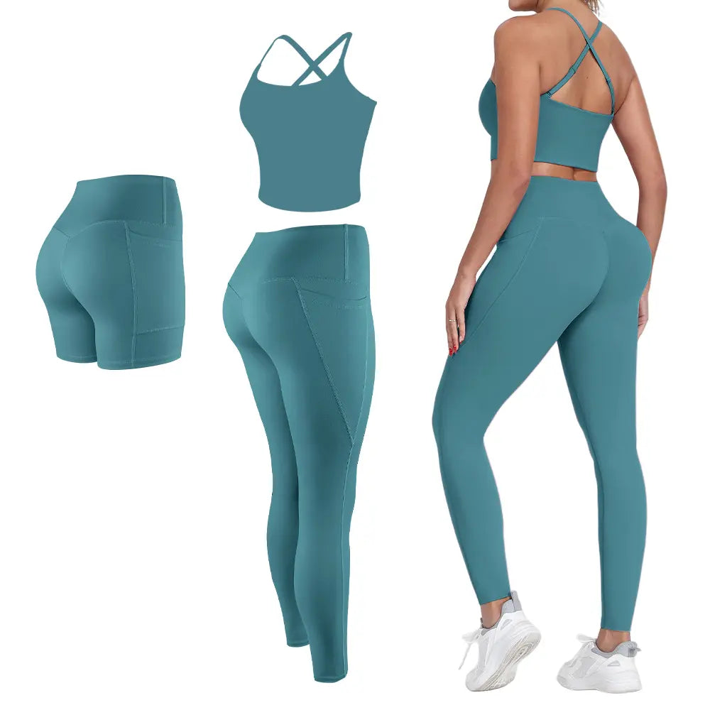 【FREE 3-DAY Shipping】2/3/4-Piece Workout Set S-2XL - Longline Sports Bra + Side Pockets Leggings/Shorts + Full Concealed Zip Jacket with Collar Shield – Women’S Yoga Outfit Activewear for Gym Running Training Lightweight Compression Sportswear