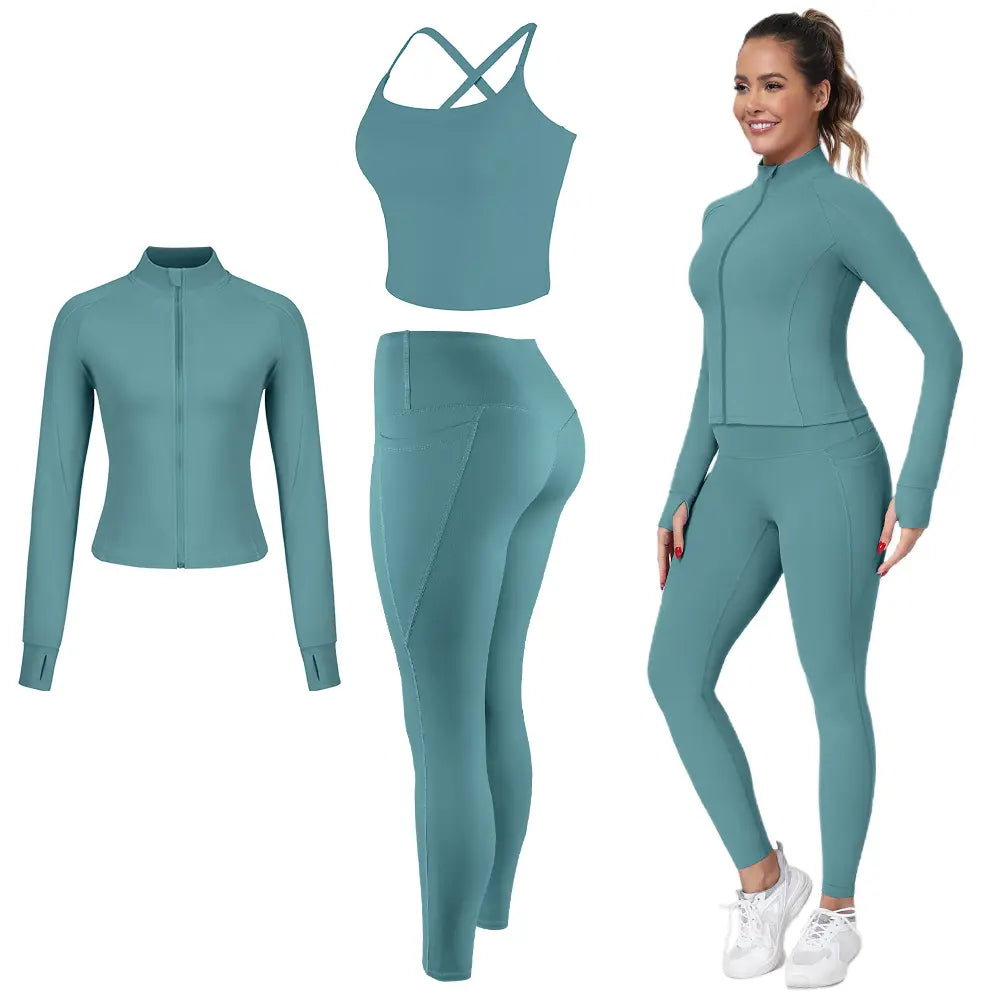 【FREE 3-DAY Shipping】2/3/4-Piece Workout Set S-2XL - Longline Sports Bra + Side Pockets Leggings/Shorts + Full Concealed Zip Jacket with Collar Shield – Women’S Yoga Outfit Activewear for Gym Running Training Lightweight Compression Sportswear