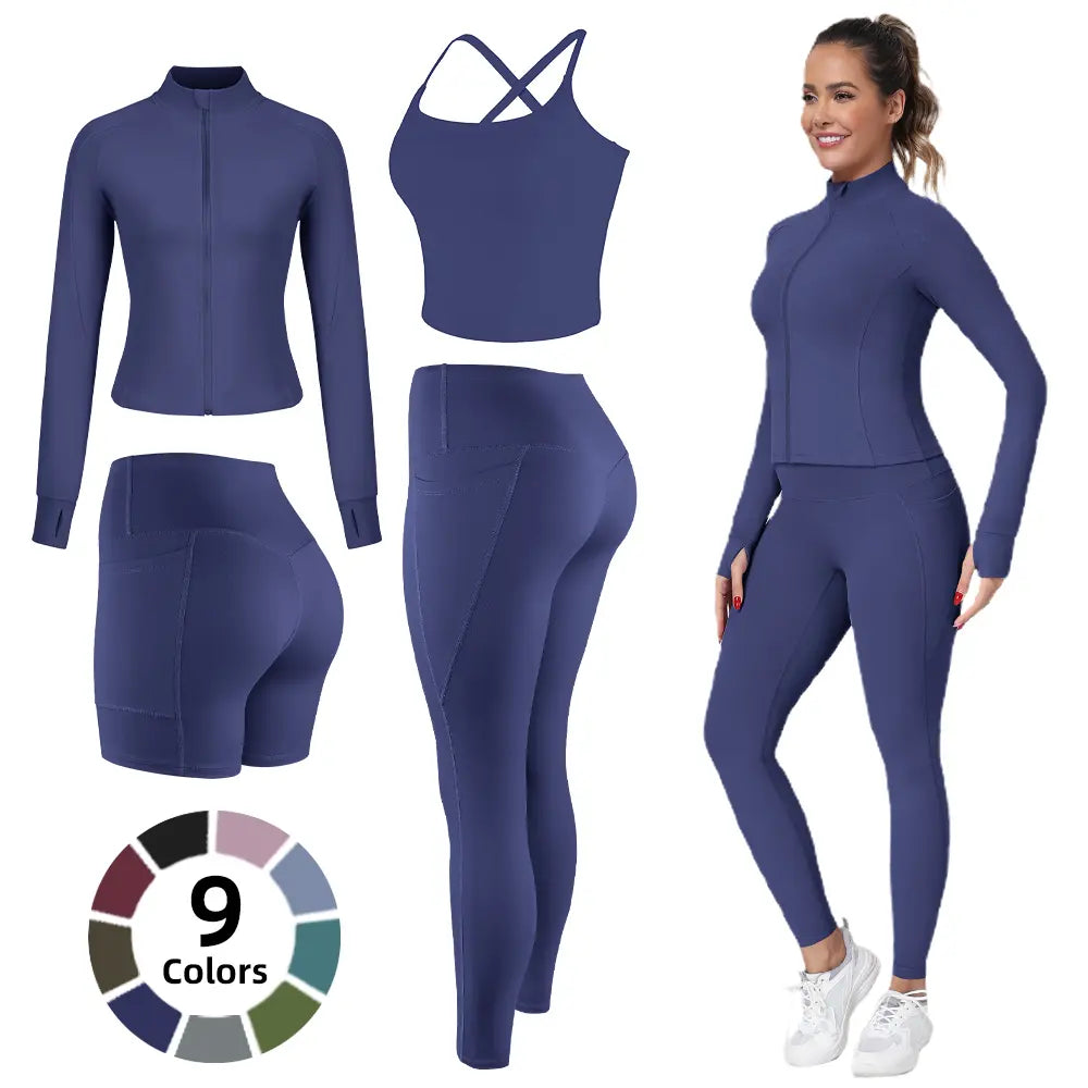 【FREE 3-DAY Shipping】2/3/4-Piece Workout Set S-2XL - Longline Sports Bra + Side Pockets Leggings/Shorts + Full Concealed Zip Jacket with Collar Shield – Women’S Yoga Outfit Activewear for Gym Running Training Lightweight Compression Sportswear