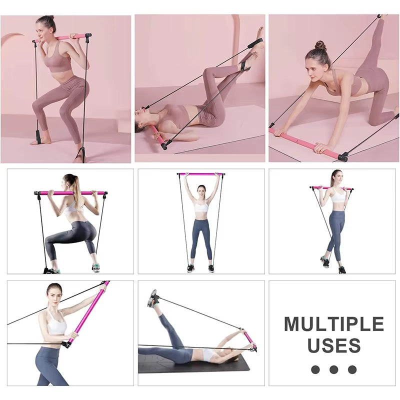 Multifunctional Pilates Bar with Yoga Chest Expansion Tension Rope Elastic Stretching Belt Fitness Back Trainer for Home Gym