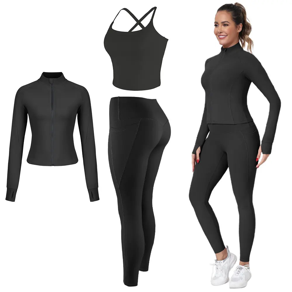 【FREE 3-DAY Shipping】2/3/4-Piece Workout Set S-2XL - Longline Sports Bra + Side Pockets Leggings/Shorts + Full Concealed Zip Jacket with Collar Shield – Women’S Yoga Outfit Activewear for Gym Running Training Lightweight Compression Sportswear