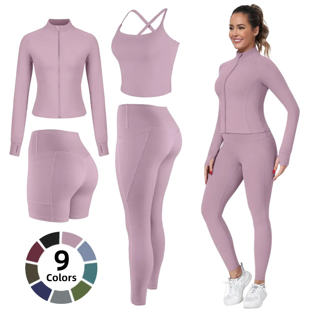 【FREE 3-DAY Shipping】2/3/4-Piece Workout Set S-2XL - Longline Sports Bra + Side Pockets Leggings/Shorts + Full Concealed Zip Jacket with Collar Shield – Women’S Yoga Outfit Activewear for Gym Running Training Lightweight Compression Sportswear
