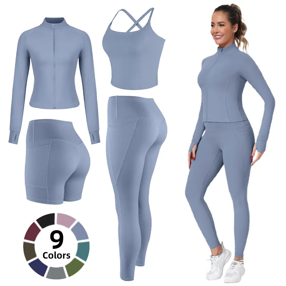 【FREE 3-DAY Shipping】2/3/4-Piece Workout Set S-2XL - Longline Sports Bra + Side Pockets Leggings/Shorts + Full Concealed Zip Jacket with Collar Shield – Women’S Yoga Outfit Activewear for Gym Running Training Lightweight Compression Sportswear