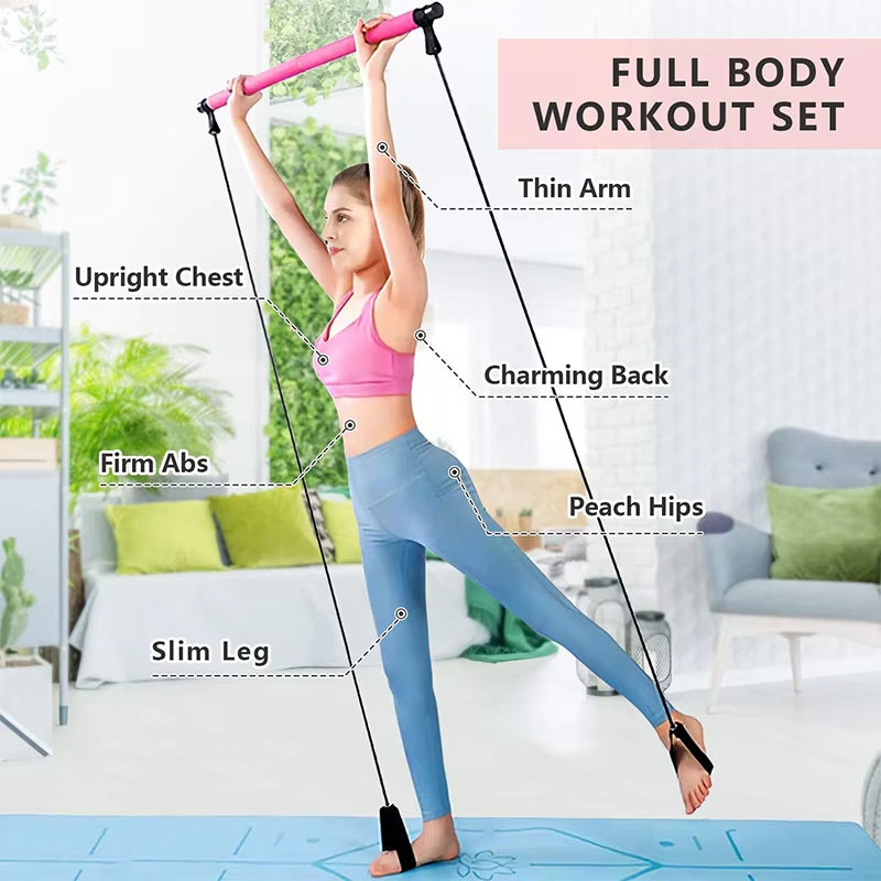 Multifunctional Pilates Bar with Yoga Chest Expansion Tension Rope Elastic Stretching Belt Fitness Back Trainer for Home Gym