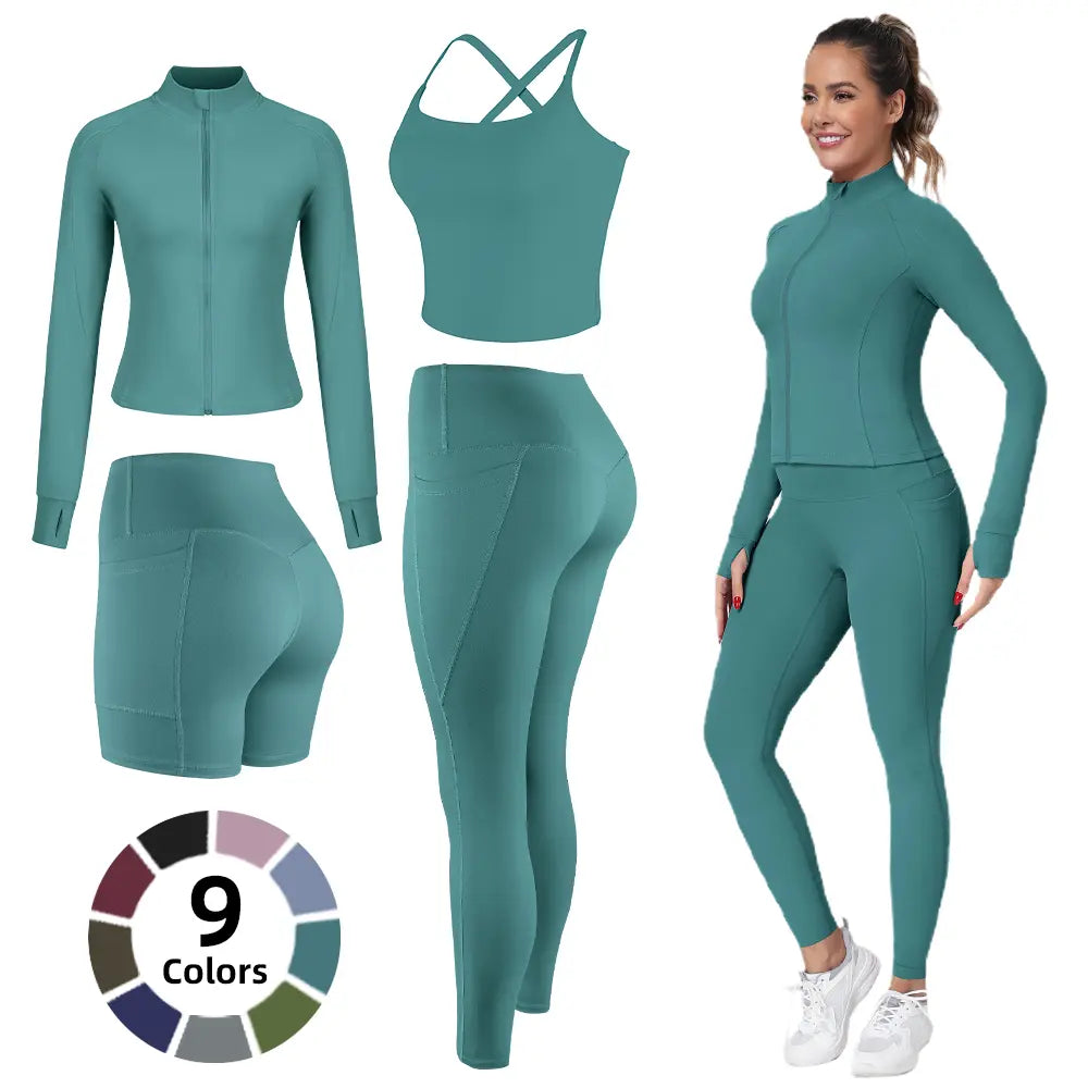 【FREE 3-DAY Shipping】2/3/4-Piece Workout Set S-2XL - Longline Sports Bra + Side Pockets Leggings/Shorts + Full Concealed Zip Jacket with Collar Shield – Women’S Yoga Outfit Activewear for Gym Running Training Lightweight Compression Sportswear