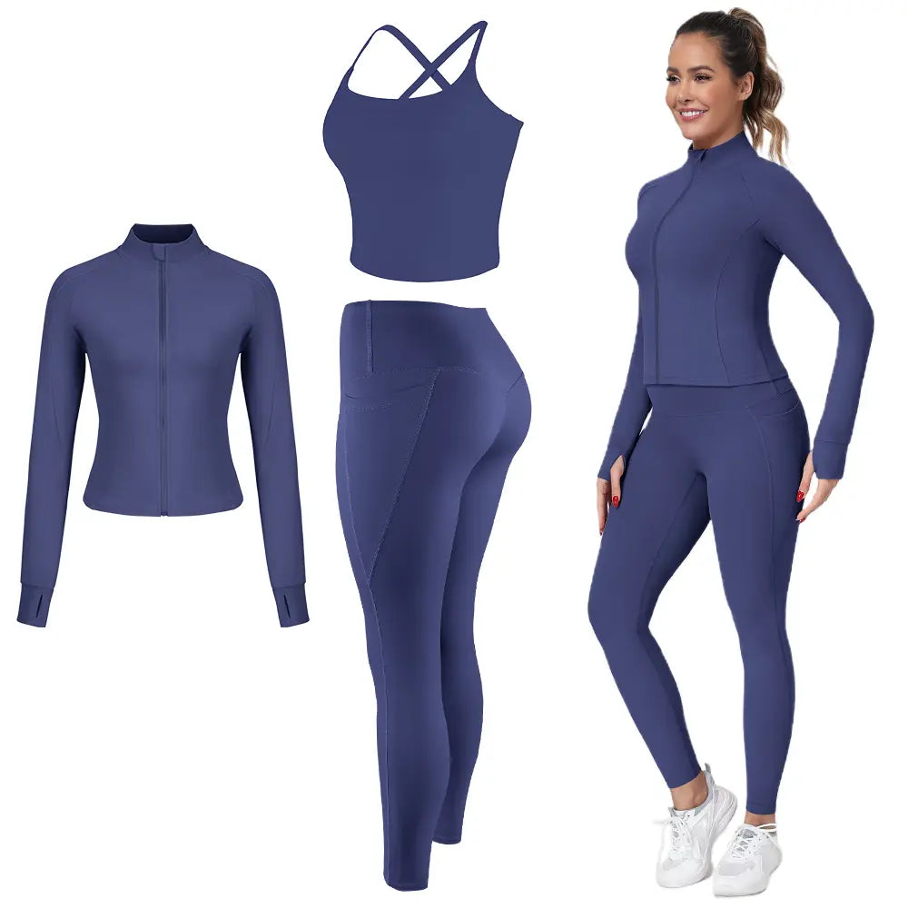 【FREE 3-DAY Shipping】2/3/4-Piece Workout Set S-2XL - Longline Sports Bra + Side Pockets Leggings/Shorts + Full Concealed Zip Jacket with Collar Shield – Women’S Yoga Outfit Activewear for Gym Running Training Lightweight Compression Sportswear