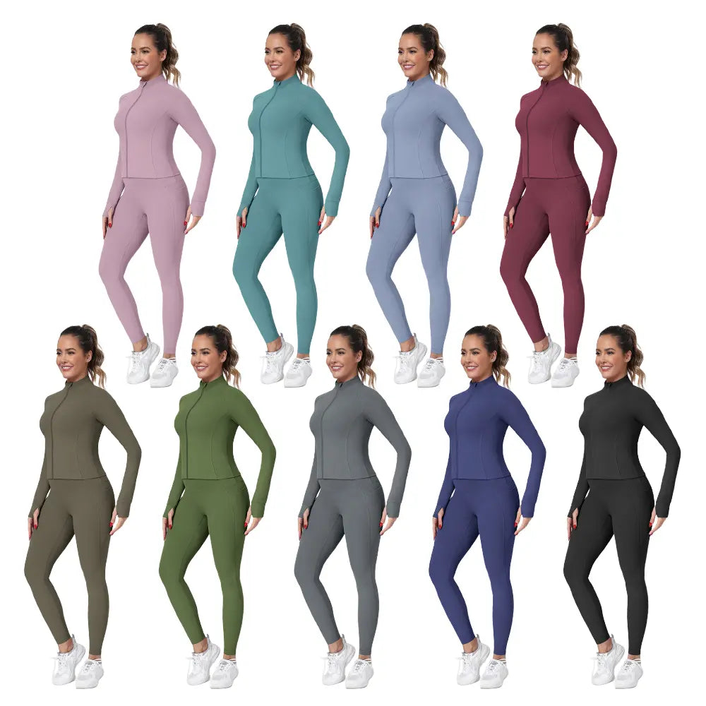 【FREE 3-DAY Shipping】2/3/4-Piece Workout Set S-2XL - Longline Sports Bra + Side Pockets Leggings/Shorts + Full Concealed Zip Jacket with Collar Shield – Women’S Yoga Outfit Activewear for Gym Running Training Lightweight Compression Sportswear