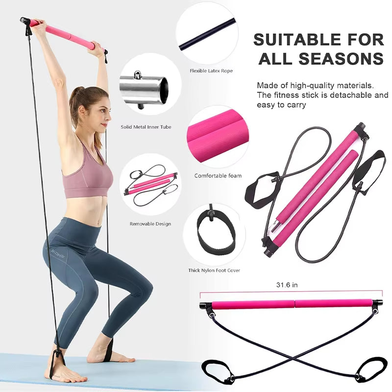 Multifunctional Pilates Bar with Yoga Chest Expansion Tension Rope Elastic Stretching Belt Fitness Back Trainer for Home Gym